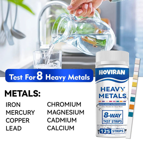 Skip The Guesswork And Nail Your Tap Water Testing Fast With These Eight Parameter Heavy Metals Strips Checking Lead Mercury Copper Cadmium Iron Chromium Calcium Plus Magnesium Straight Up. Water testing strips and glass of water.