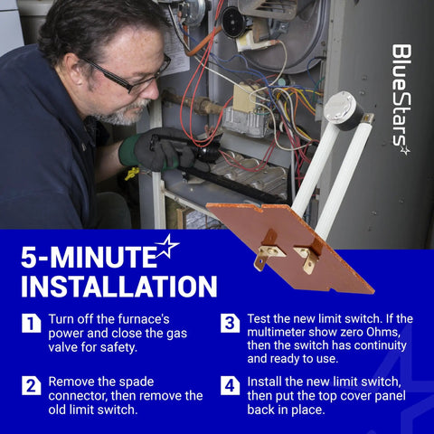 Technician installing 87F16 Furnace Primary Limit Switch Up To 140 F in Lennox furnace, safety instructions visible