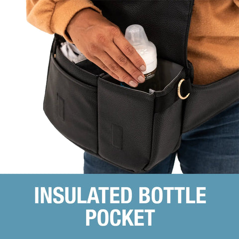 Crossbody Diaper Bag Tote and Baby Bottle Hip Pack with Adjustable Strap showing insulated bottle pocket, brown design.