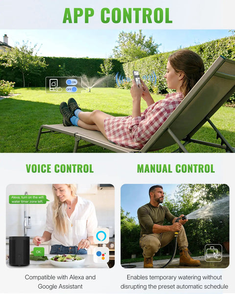 WiFi Garden Water Timer For 2 Zone Sprinklers, Smart Irrigation Controller with app scheduling and voice/manual controls in use