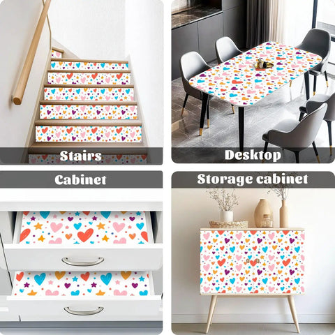 Heart And Star Romance Pattern Peel And Stick Wallpaper Removable Self Adhesive Wall Covering on stairs, desktop, cabinets, storage cabinet.