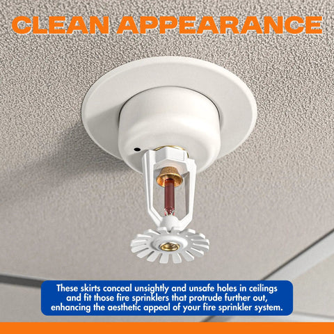 Top Quality White Fire Sprinkler Escutcheon Skirt With A Polished Flush Design And Seamless Wall Gap Cover installed on a ceiling.