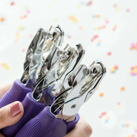 Durable Heavy Duty Hole Punch Set with handy soft grip handles, featuring star, circle, and heart shapes, ideal for scrapbooking and crafts