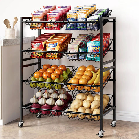 Front view of 25.2 Inch Wide Kitchen Storage Cart With Four Tier Basket System Rolling Metal Pantry Organizer Removable Baskets For Onion And Potato Storage Fruits And Veggies Black, filled with snacks and produce.
