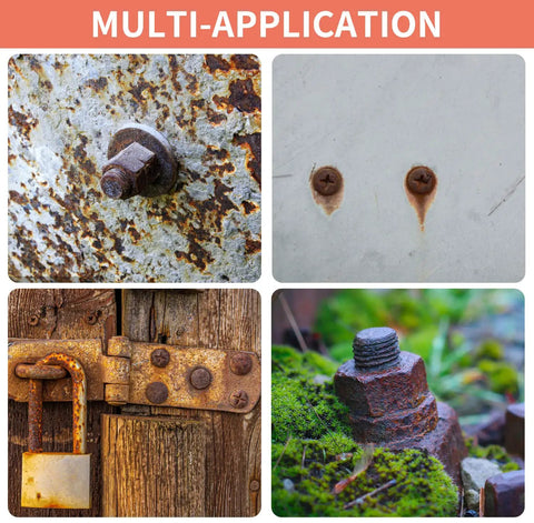 Rusty bolts and screws on various surfaces demonstrating the need for a 27 Piece Screw Extractor Set Includes Three Eighths Inch Impact Double Head Easy Out Bolt Remover Kit For Stripped Rounded Damaged Or Broken Screws Bolts Studs Hex Head Multi Spline Design Heavy Duty Fastener Removal.
