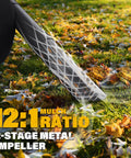 3 In 1 Cordless Leaf Blower Vacuum Mulcher With Bag Brushless Power 360 CFM 5 Speed Modes showing metal impeller in action.