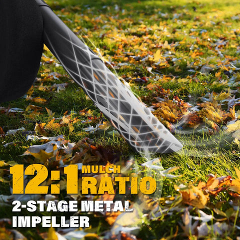 3 In 1 Cordless Leaf Blower Vacuum Mulcher With Bag Brushless Power 360 CFM 5 Speed Modes showing metal impeller in action.
