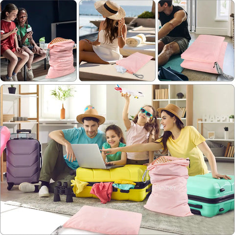 Family packing with Two Pack Travel Laundry Bags Wet Dry Organizer, pink color, displayed alongside suitcases and travel gear.