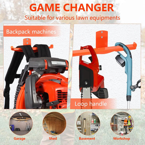 Heavy Duty Backpack Storage Rack With Hose Holder And Dual Hooks Wall Mount For Lawn Tools Space Saving Organizer in use