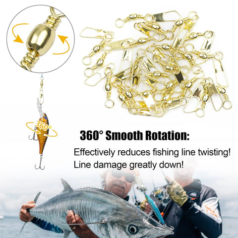 Pro Grade High Strength Barrel Swivel Snap 100 Piece Kit For Lure Connector Tackle Leader Lines Saltwater And Freshwater Angling With Solid Rings In Gold And Black Sizes 2 4 6 8 10 12 14, gold barrel swivel snaps for fishing