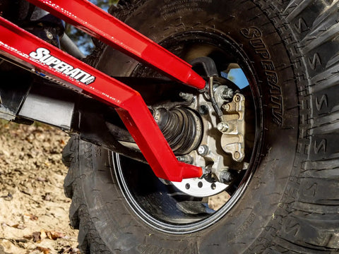 Heavy Duty Arched Boxed Rear Radius Arms For Polaris RZR XP Turbo And XP 4 Turbo 2016 Plus Red, installed on rear wheel