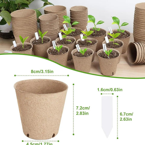 Breathable Germination Pots For Seedlings Paper Pulp Nursery Pots With Drainage shown in 45-pot set with labels and dimensions.
