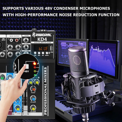 4 Channel Audio Interfacer DJ Mixer With USB Audio Interface, Plug-And-Play, Built-In Effects, mic setup in studio