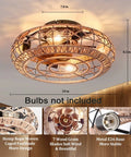 Woven Flush Mount Caged Ceiling Fan With Lights remote, 20 inch hemp rattan enclosed, 6 speed adjustable rustic boho style light