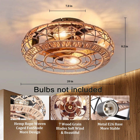 Woven Flush Mount Caged Ceiling Fan With Lights remote, 20 inch hemp rattan enclosed, 6 speed adjustable rustic boho style light