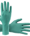Straight Up Tough Powder Free Chloroprene Disposable Gloves With Heavy Five Mil Build And Sure Grip Textured Tips For Battle Ready Chemical Guarding Extended Twelve Inch Sleeve Cuff Built For Daily Dental And Industrial Jobs Large - green gloves on a white background