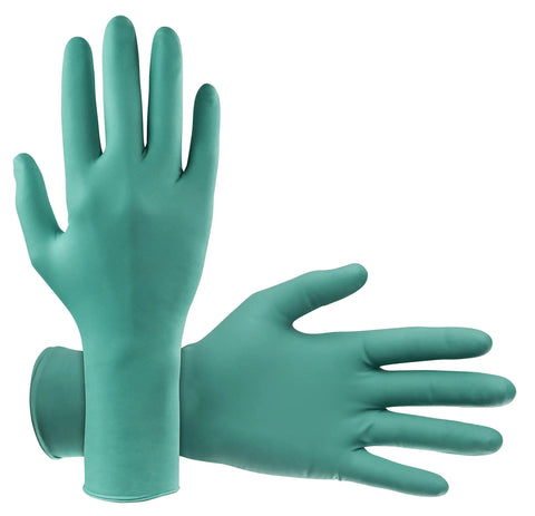 Straight Up Tough Powder Free Chloroprene Disposable Gloves With Heavy Five Mil Build And Sure Grip Textured Tips For Battle Ready Chemical Guarding Extended Twelve Inch Sleeve Cuff Built For Daily Dental And Industrial Jobs Large - green gloves on a white background