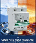 Non Polar DC Circuit Breaker 500V 2 Pole 125A DZ47NZ 125 2P DIN Rail Mount, shown in cold and heat resistant environment