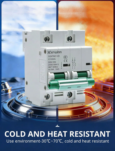 Non Polar DC Circuit Breaker 500V 2 Pole 125A DZ47NZ 125 2P DIN Rail Mount, shown in cold and heat resistant environment