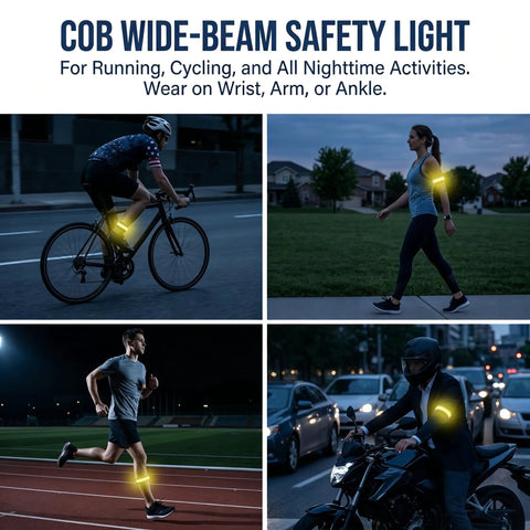 Various people wearing the Lit Up Rechargeable LED Armband 6 Piece Set For Night Walks Runs And Rides Ultra Light Silicone Wrist Lights With Long Lasting Battery No Bounce Comfort Secure Fit Easy Clip On during nighttime activities like cycling, running, and walking.