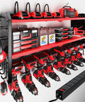 Heavy Duty Power Tool Organizer With Built In Charging Station And 8 Outlet Power Strip Wall Mounted Tool Shelf With 8 Drill Holders Metal Red Garage Storage Rack For Quick Tidy Workspace installed on wall