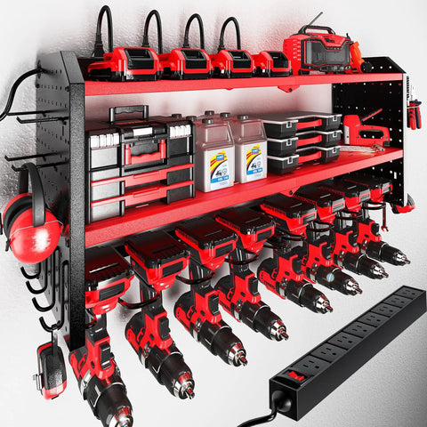 Heavy Duty Power Tool Organizer With Built In Charging Station And 8 Outlet Power Strip Wall Mounted Tool Shelf With 8 Drill Holders Metal Red Garage Storage Rack For Quick Tidy Workspace installed on wall