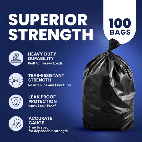 Beefy Heavy Duty 55-60 Gallon Contractor Trash Bags, 1.2 Mil Black Puncture Resistant, showcasing durability and tear resistance.