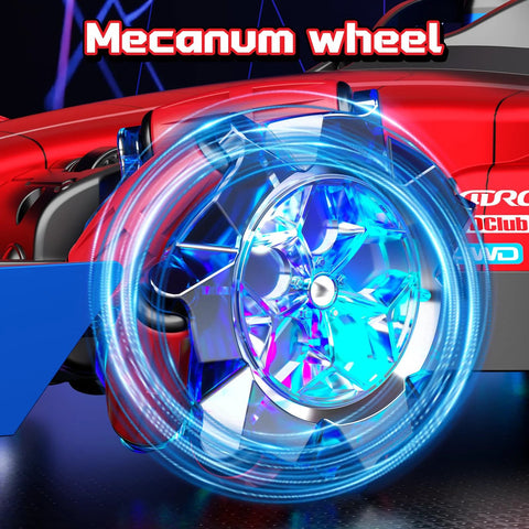 Front view of red 1:12 remote control monster truck with glowing blue wheel