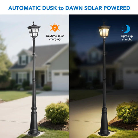 Solar Post Light Dusk To Dawn Outdoor Lamp with Pole for yard, showing day and night auto on-off in garden setting.