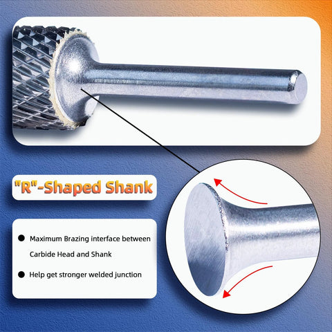 MAODWIN SC-5 cylindrical tungsten carbide rotary burr with radius end; 1/4 in shank, 1/2 in diameter, 1 in length