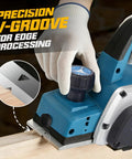 Three And One Quarter Inch Electric Hand Planer 16000RPM High Power Handheld Planer with V Groove in use on wood edge