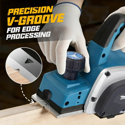 Three And One Quarter Inch Electric Hand Planer 16000RPM High Power Handheld Planer with V Groove in use on wood edge