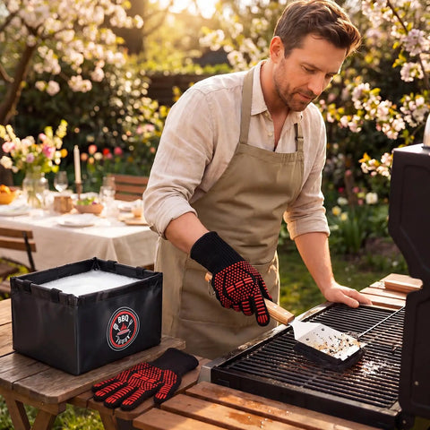 Man using Six-Piece Bristle-Free Grill Cleaning Kit With 3 Replacement Heads, Heavy-Duty Brush, Heat-Resistant Gloves outdoors