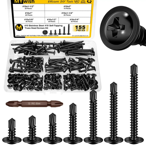 Top Shelf Black Truss Head Self Tapping Screw Kit With Assorted Lengths Half Inch To Two Inches Built Like A Tank From 410 Stainless Steel For Hardcore Metal Wood And Plastic Repair Work, 155 piece set.