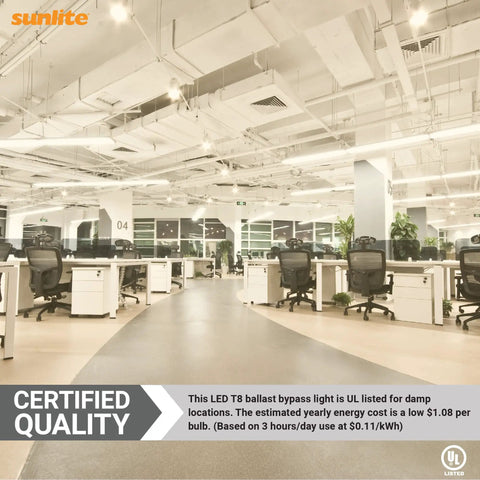 Open office space lit by LED T8 Ballast-Bypass Tube 2 Foot 9W F17T8 Equal Frosted Dual End G13 Base 1100 Lumen DLC UL Listed