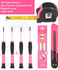 Pink 52 Piece Hand Tool Set With Easy Carry Round Pouch For DIY Home Repairs And Everyday Projects Durable Beginner And Weekend Warrior Home Improvement Kit featuring a pink tape measure, precision screwdrivers, magnetic level, and utility knife.