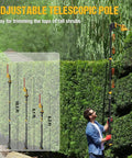 Person using 4-In-1 Cordless Pole Hedge Trimmer With 2x3000mAh Batteries, 16 Ft Reach, 180-Degree Adjustable Head, outdoors