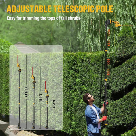 Person using 4-In-1 Cordless Pole Hedge Trimmer With 2x3000mAh Batteries, 16 Ft Reach, 180-Degree Adjustable Head, outdoors