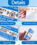 Close-up of Six-Pack Includes Six Security Alarm Sign Stickers showing self-adhesive back and frosted waterproof surface