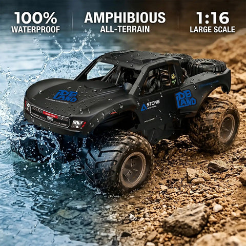 Amphibious 4WD RC Monster Truck With Waterproof Design, 1:16 Scale, splashing through water on rocky terrain.