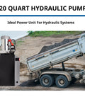 Beefy 12V DC Hydraulic Power Unit With 20 Quart Reservoir, 3200 PSI Single Acting Pump shown with dump trailer lift