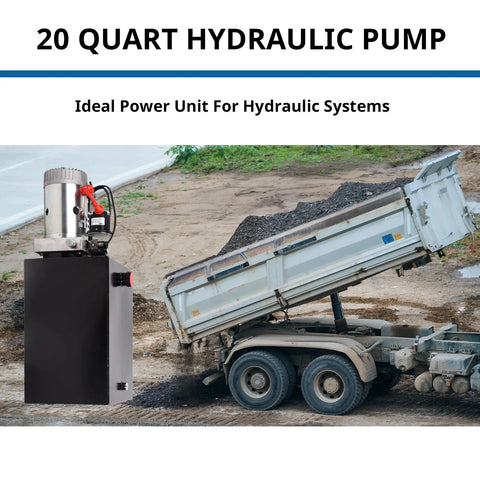 Beefy 12V DC Hydraulic Power Unit With 20 Quart Reservoir, 3200 PSI Single Acting Pump shown with dump trailer lift
