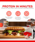 Micro Grill Max Microwave Sandwich Maker With 3 Min Grilled Cheese Capability, showing a packed sandwich with fresh ingredients.