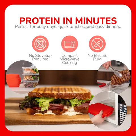 Micro Grill Max Microwave Sandwich Maker With 3 Min Grilled Cheese Capability, showing a packed sandwich with fresh ingredients.
