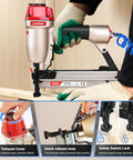 Pro Grade 16 Gauge Finish Nailer Pneumatic Straight Nail Gun With Quick Jam Release, shown in use on cabinetry