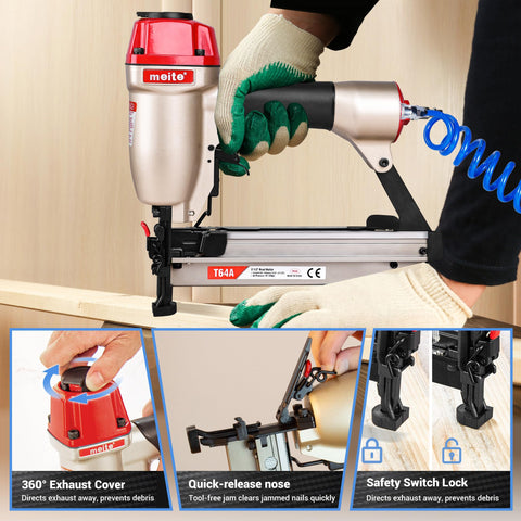 Pro Grade 16 Gauge Finish Nailer Pneumatic Straight Nail Gun With Quick Jam Release, shown in use on cabinetry