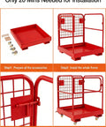 Forklift man basket, red, 36x36 inch foldable with base tray, full frame, latch close-up, and wheeled install.