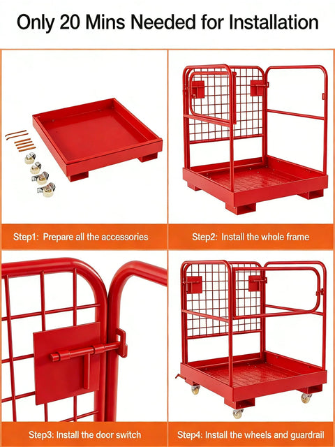 Forklift man basket, red, 36x36 inch foldable with base tray, full frame, latch close-up, and wheeled install.