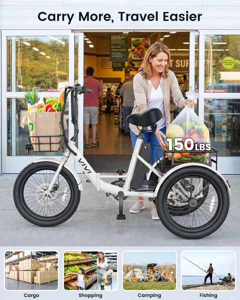 20 Inch Fat Tire Electric Tricycle For Adults With Folding 3 Wheels, 750W Peak Motor, 15.5 MPH, 95 Percent Pre Assembled, Easy Setup With Bracket, Durable Battery, Smooth Ride, All Terrain E Trike For Fun And Commute, with grocery baskets and rider