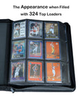 Top Loader Card Binder For 3x4 Inch Cards Holds Over 320 Top Loaders With 18 Double-Sided 9-Pocket Pages open with cards displayed